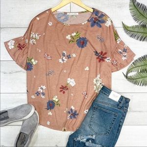 Chris & Carol - Floral Round Neck Ruffle Sleeve Top - Dusty Pink